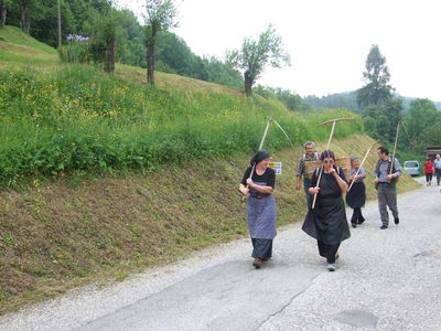 Košnja po rezijansko, beneško, kambreško; prihod koscev in grabljic, Srednje (D478)
