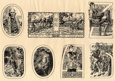 Kratka zgodovina Slovencev v Združenih državah (od leve proti desni): slovenski misijonar Friderik Baraga (prišel leta 1830) / primerjava obdelave polja v času očetov leta 1865 (s konji) in času sinov leta 1912 (s stroji) / harmonikar v prostem času / delo v rudniku / delo ob stroju / slovenski katoliški ministrant / amerikanizacija: za stricem Samom se vije povorka v raznih slovenskih narodnih nošah.