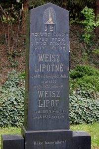 Weisz Lipótné
<br />szül. Reichenfeld Julia
<br />szül. 1855.
<br />megh. 1922 julius 6.
<br />
<br />Weisz Lipót
<br />szül. 1854. aug. 31.
<br />megh. 1932. szept. 6.
<br />
<br />Béke hamvaikra!